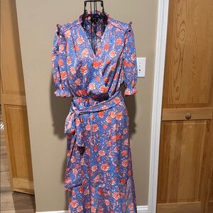 ME+EM Blue and Red Floral Midi Dress